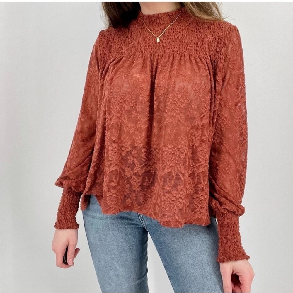 Anthropologie Rust Textured Smocked Long-Sleeve Blouse